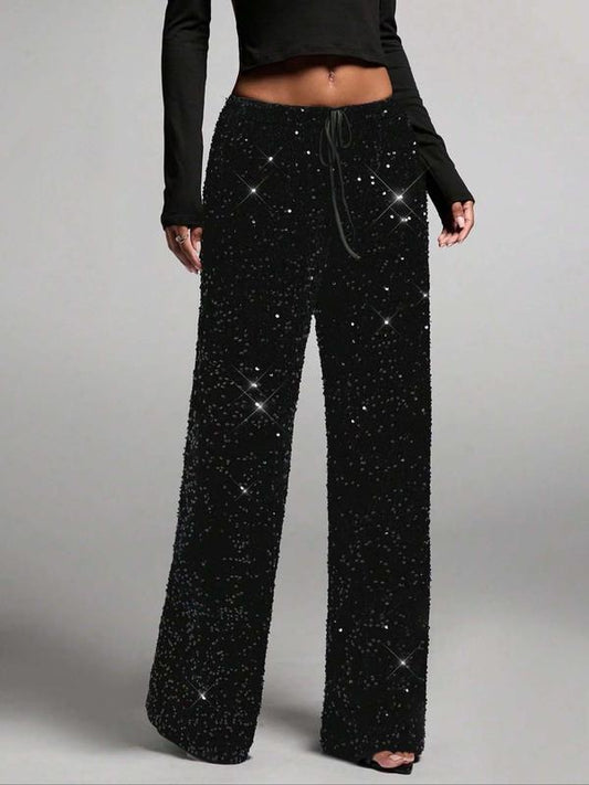 🎉 Women's Sequin Sparkle Wide Leg Pants – Elastic Waistband, Festive & Comfortable Fit ✨👖📦