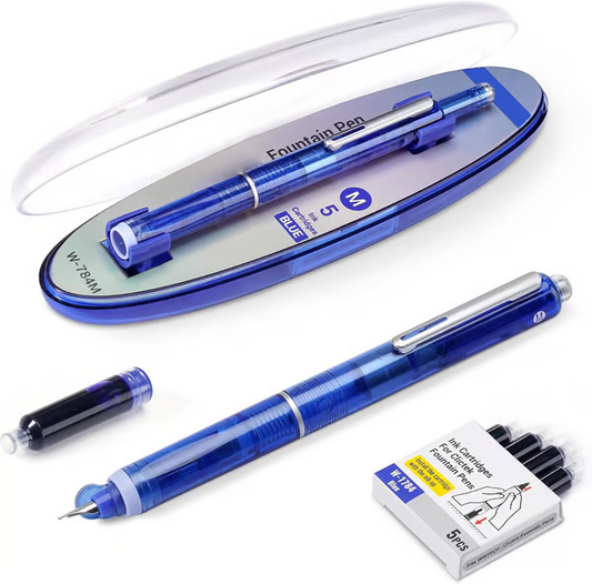 Fountain Pen Retractable:0.38mm Blue&Black Ink Transparent Barrel Includes 5 Refillable Ink Cartridges